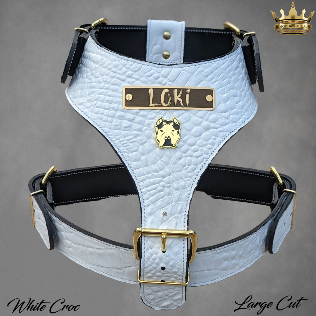 NH12 - Custom Italian Leather “Bully” Dog Harness with Engraved Name Plate