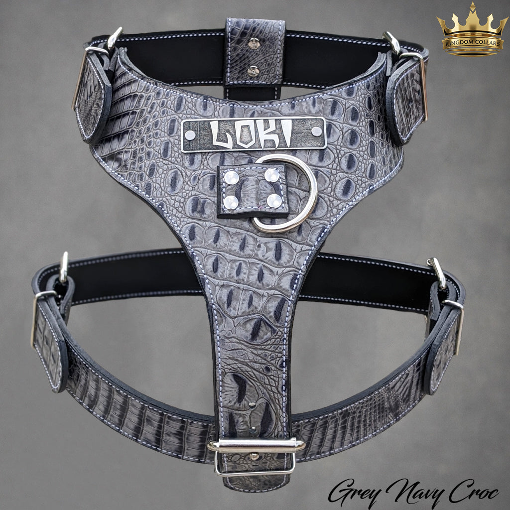 NH4 – Personalized Italian Leather Dog Harness | Custom Engraved Name Plate
