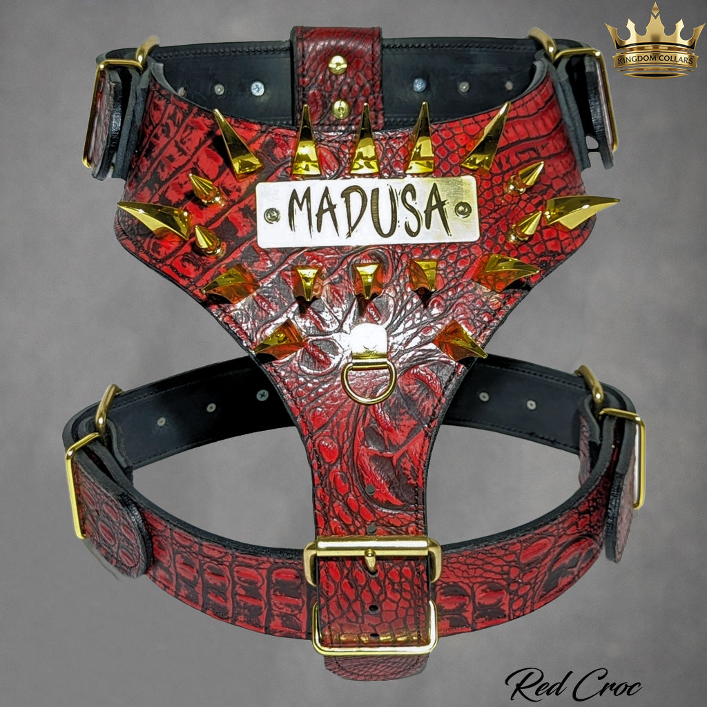 Red crocodile-embossed leather dog harness with gold spikes, gold buckles, and a white nameplate reading 'MADUSA', shown on a gray background with a small crown graphic and 'Red Croc' text.