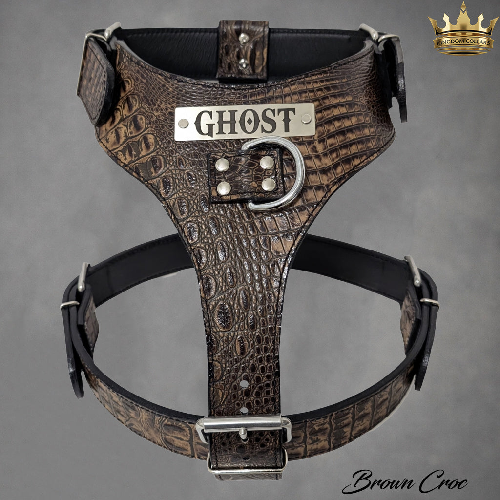 NH4 – Personalized Italian Leather Dog Harness | Custom Engraved Name Plate