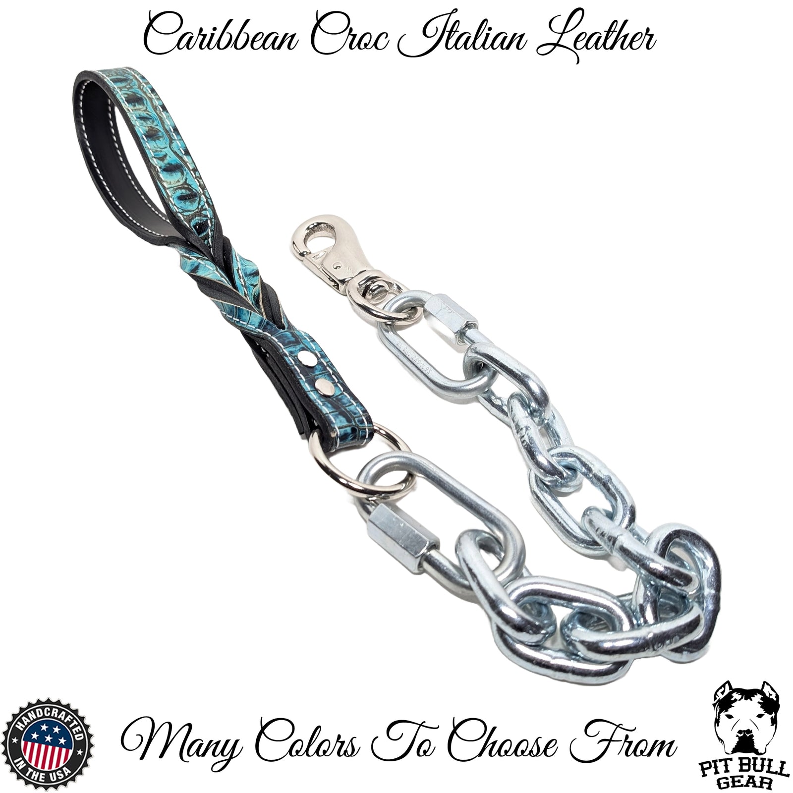 A silver-colored metal chain dog leash with a twisted leather handle and a swivel snap, designed for large dogs.