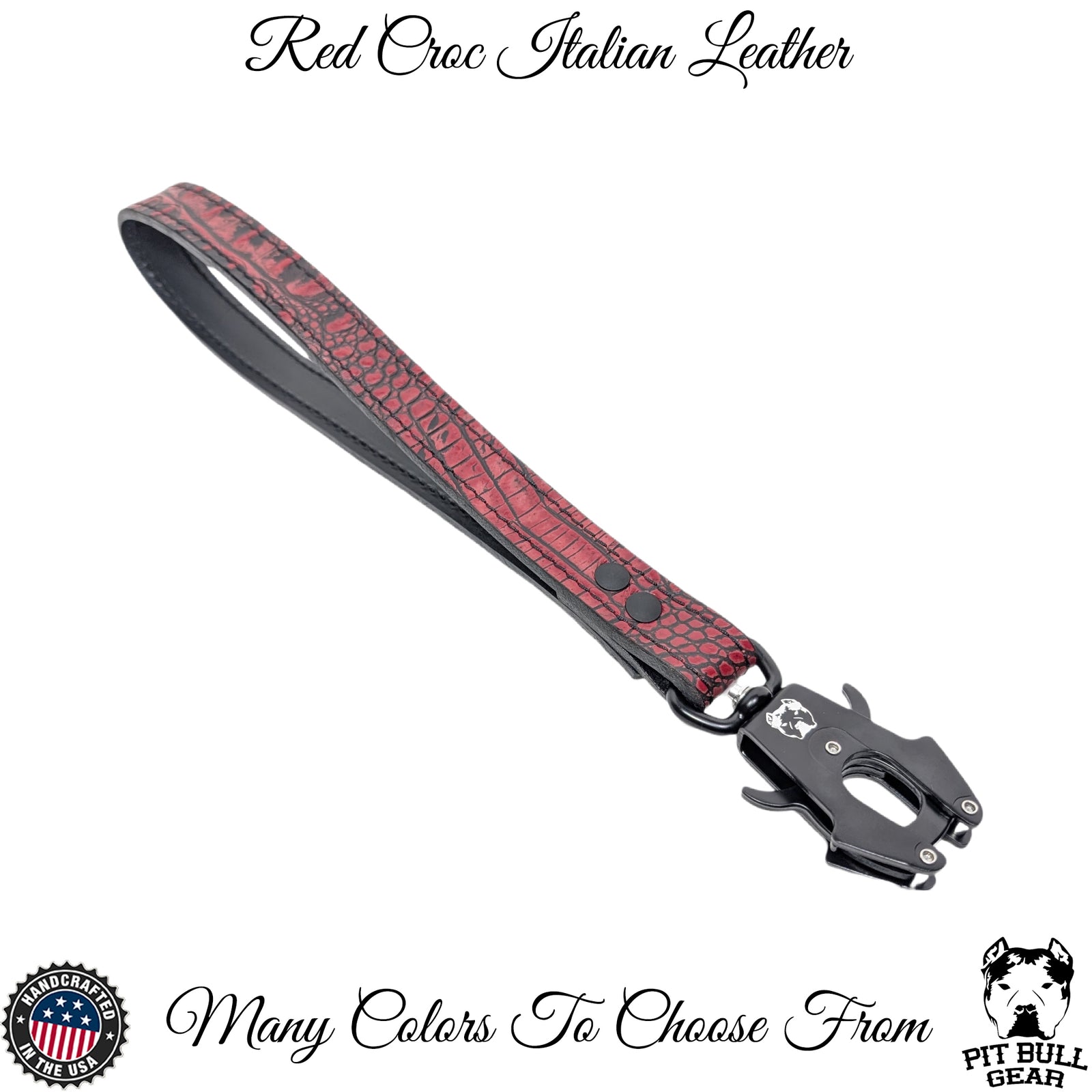 Red crocodile pattern leather dog collar with metal clasp on a white background