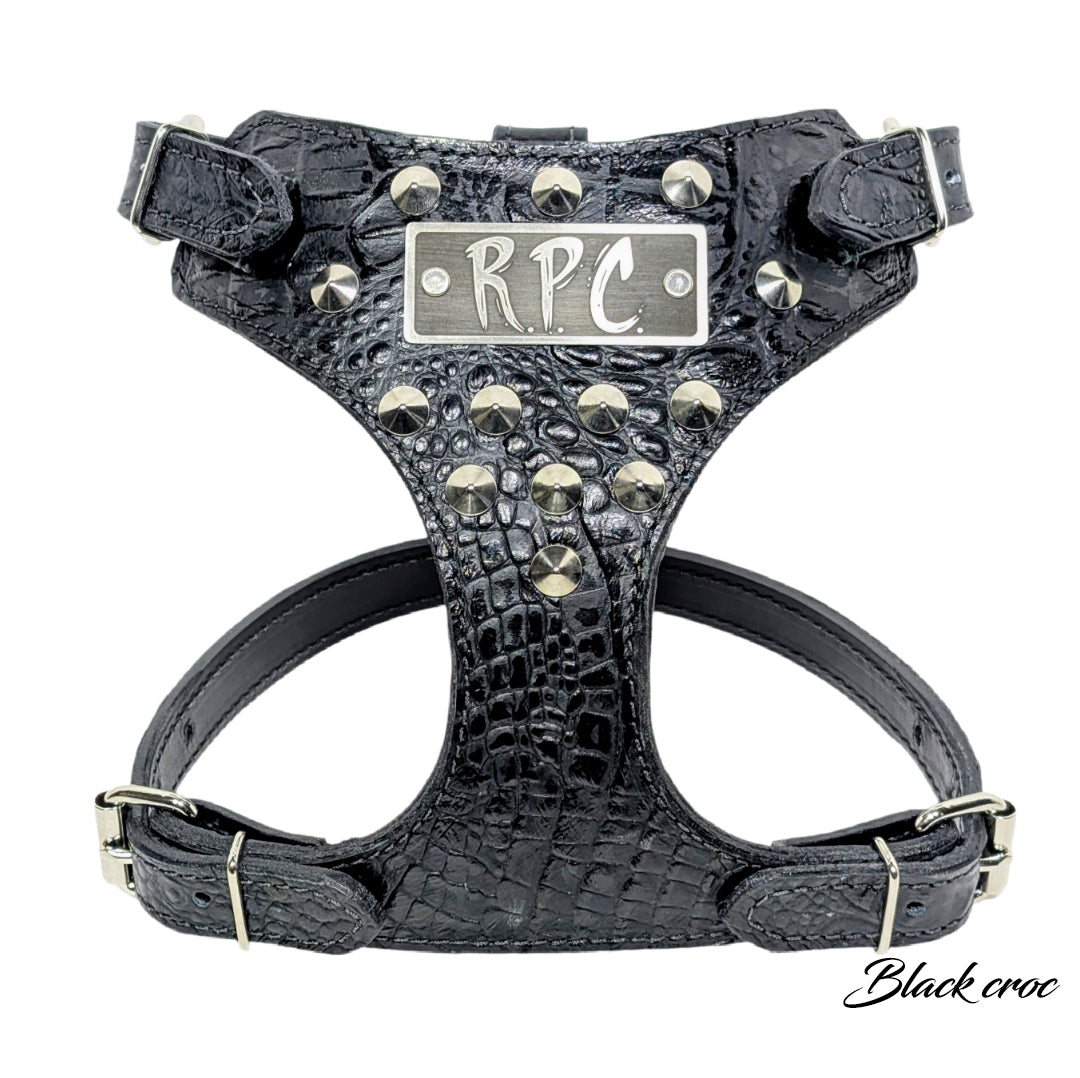 Black crocodile-patterned dog harness with 'RPC' branding on a white background