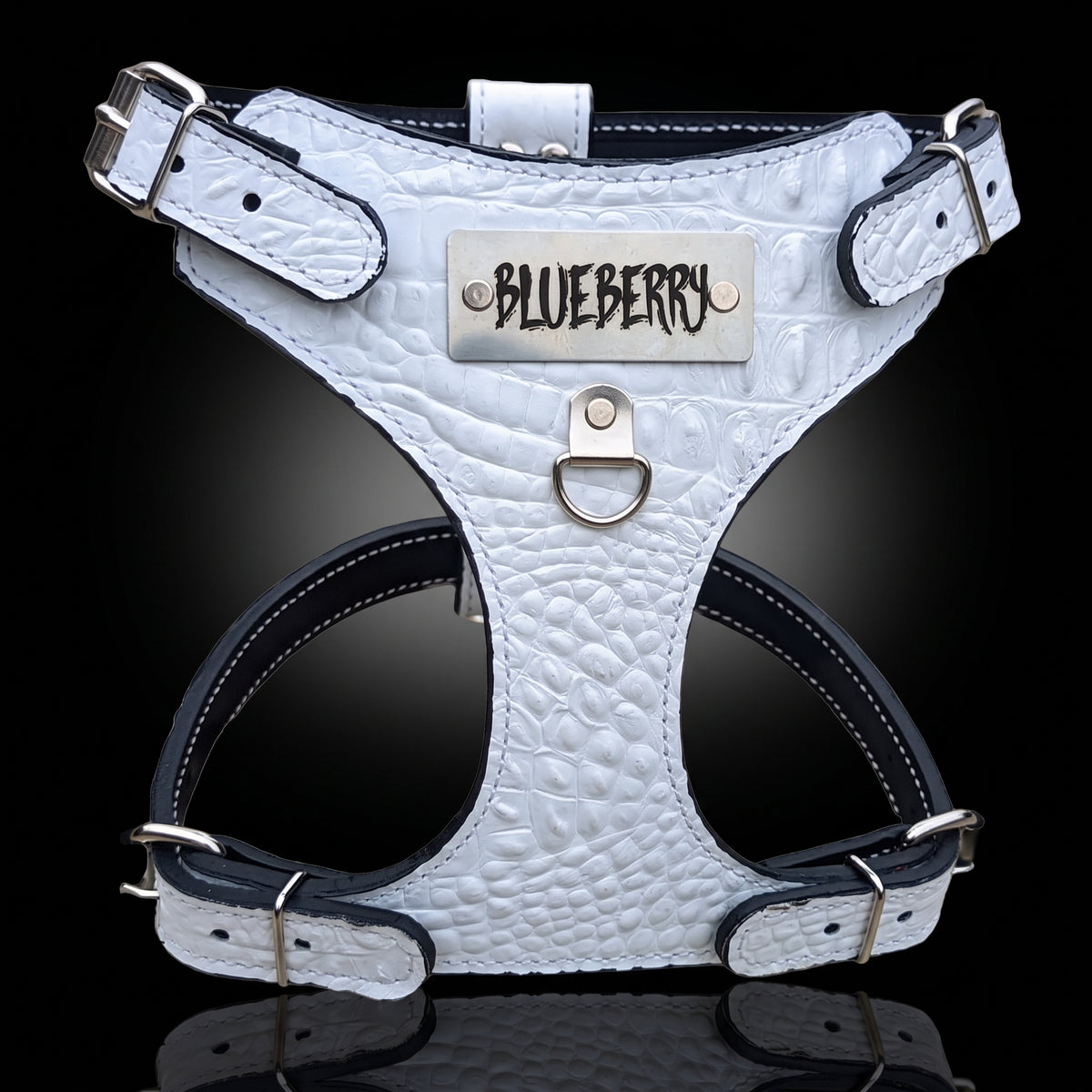 A white crocodile-embossed leather dog harness with dark gray trim and silver hardware, featuring a silver metal plate engraved with the brand name 'BLUEBERRY'.