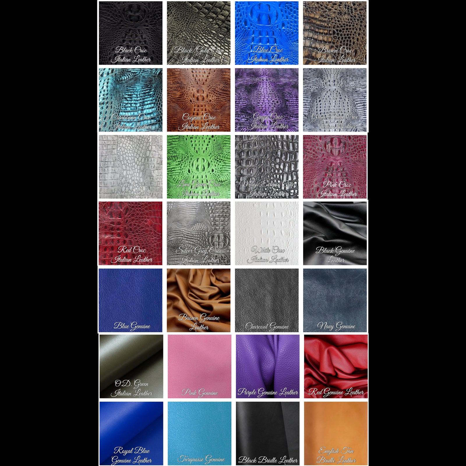 A color and material swatch chart showing multiple faux crocodile leather fabric options arranged in a grid, with labels such as Black Chrome, Blue Chrome, Bronze Chrome, Silver Chrome, Green Chrome, Red Chrome, Gold Chrome, White Chrome, Black Velvet, Blue Velvet, Brown Velvet, Gray Velvet, Navy Chrome, Blue Chrome, Royal Blue Chrome, Teal Chrome, Black Velvet, and Satin Chrome.