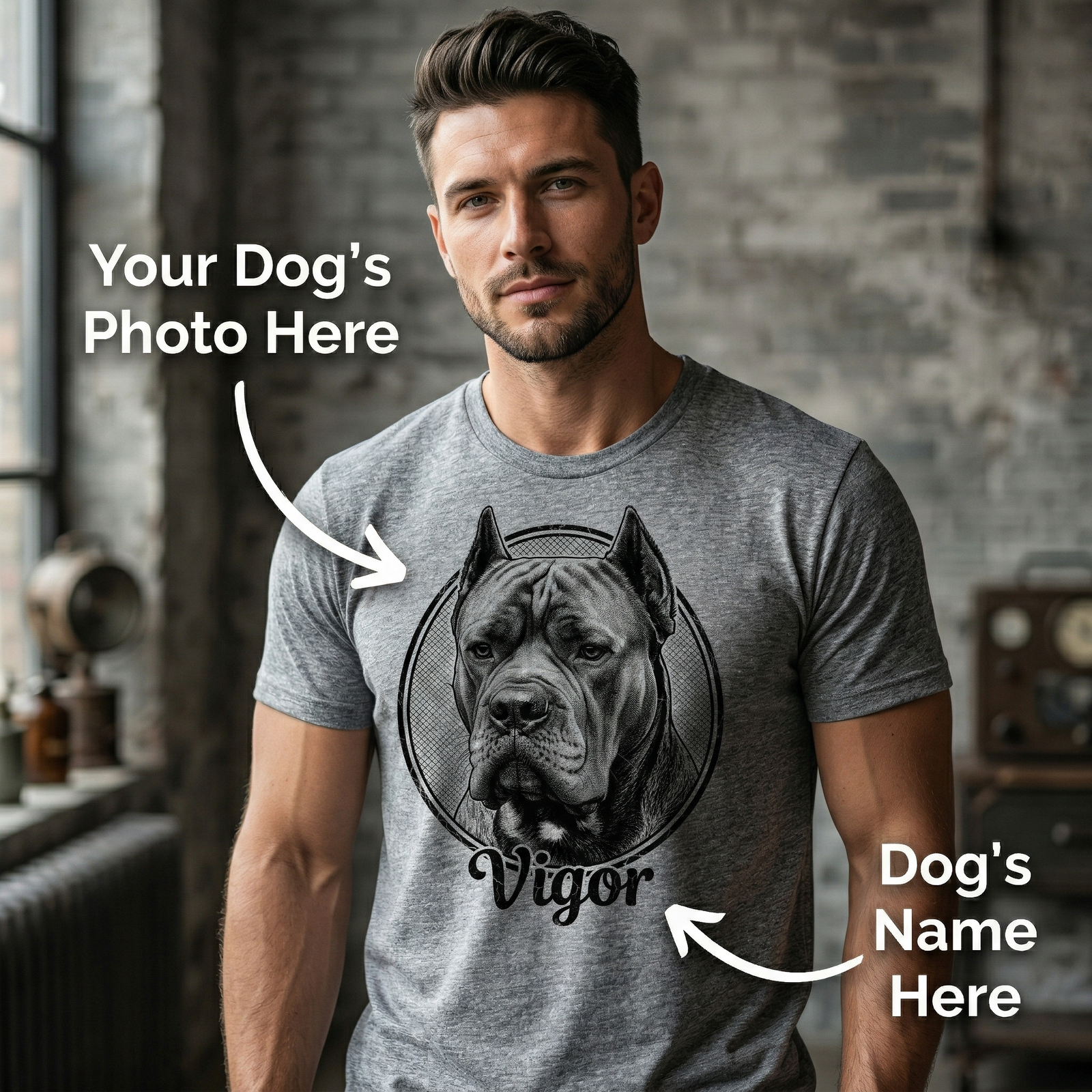 Custom Dog Portrait T-Shirt — Personalized Vintage Engraved Pet Tee