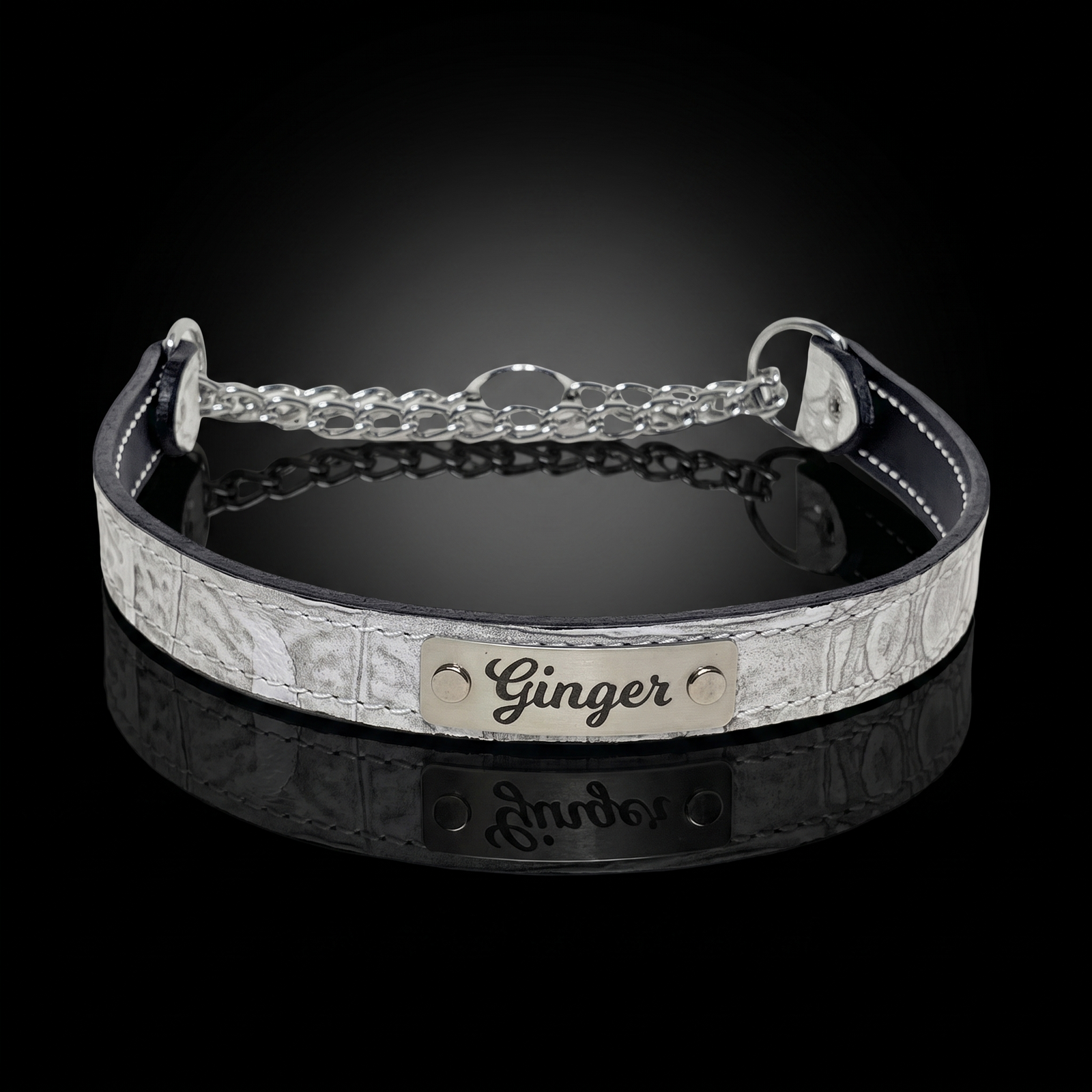 A personalized dog collar with a silver-toned embossed pattern band, a central silver metal plate engraved with the name 'Ginger', and a clear crystal chain extender, shown on a reflective black background.