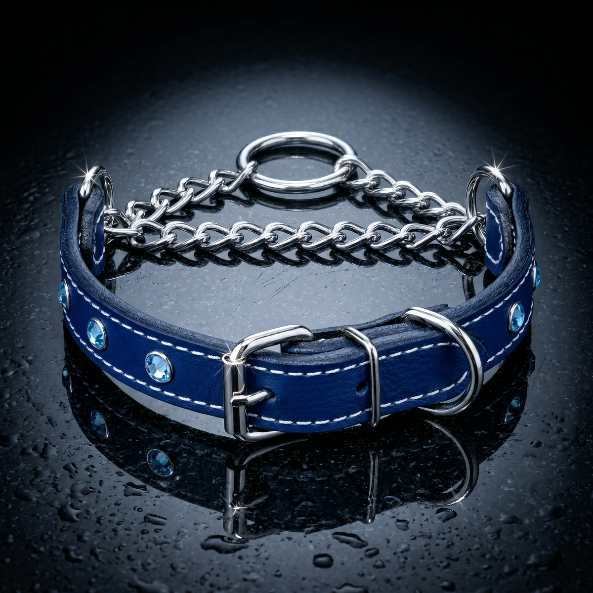 1" Wide Gem Crystal Leather Martingale Collar with Buckle | Handcrafted