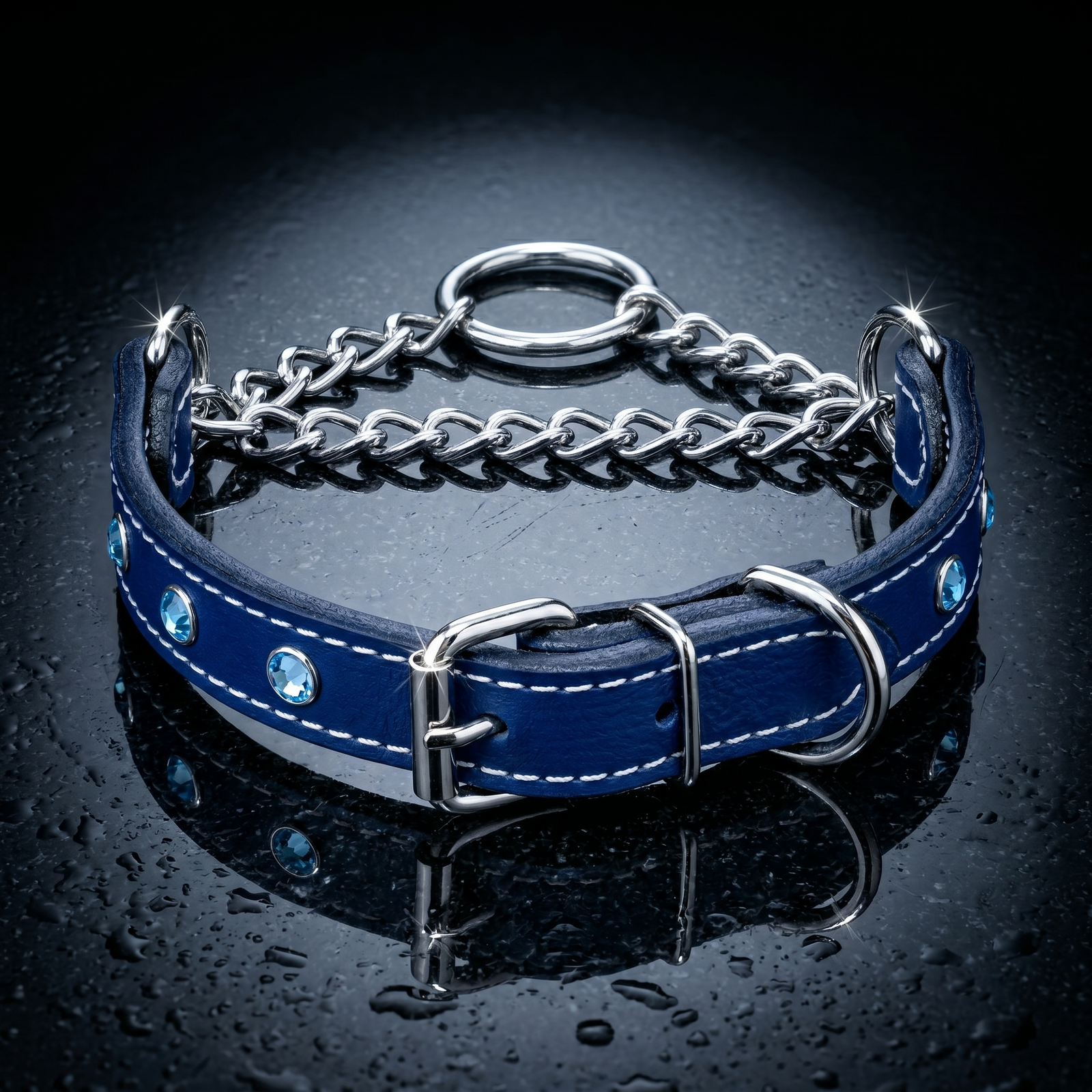 1" Wide Gem Crystal Leather Martingale Collar with Buckle | Handcrafted