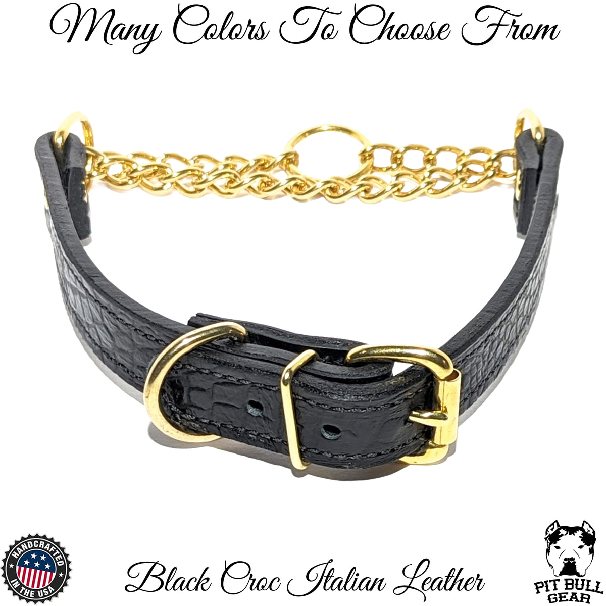 LMG1 - Collar Martingala de Cuero con Hebilla y Cadena Dorada de 1.5" de Ancho