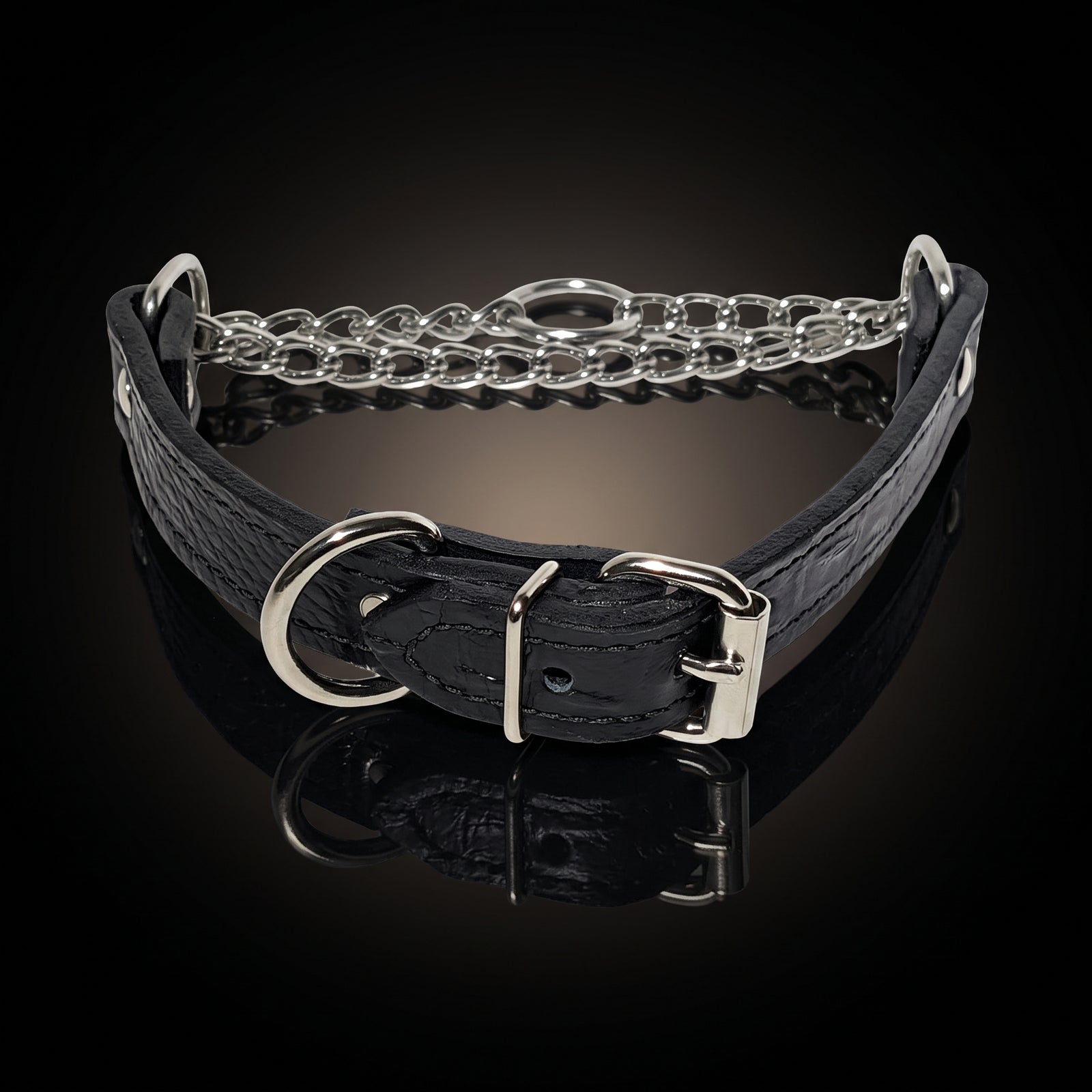 A black crocodile-embossed leather collar with silver-tone metal hardware, including a chain link section, a large D-ring, and a buckle, displayed on a reflective black surface.