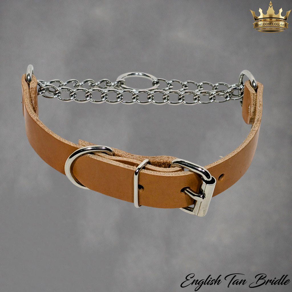 Brown leather bridle with metal chain on a gray background