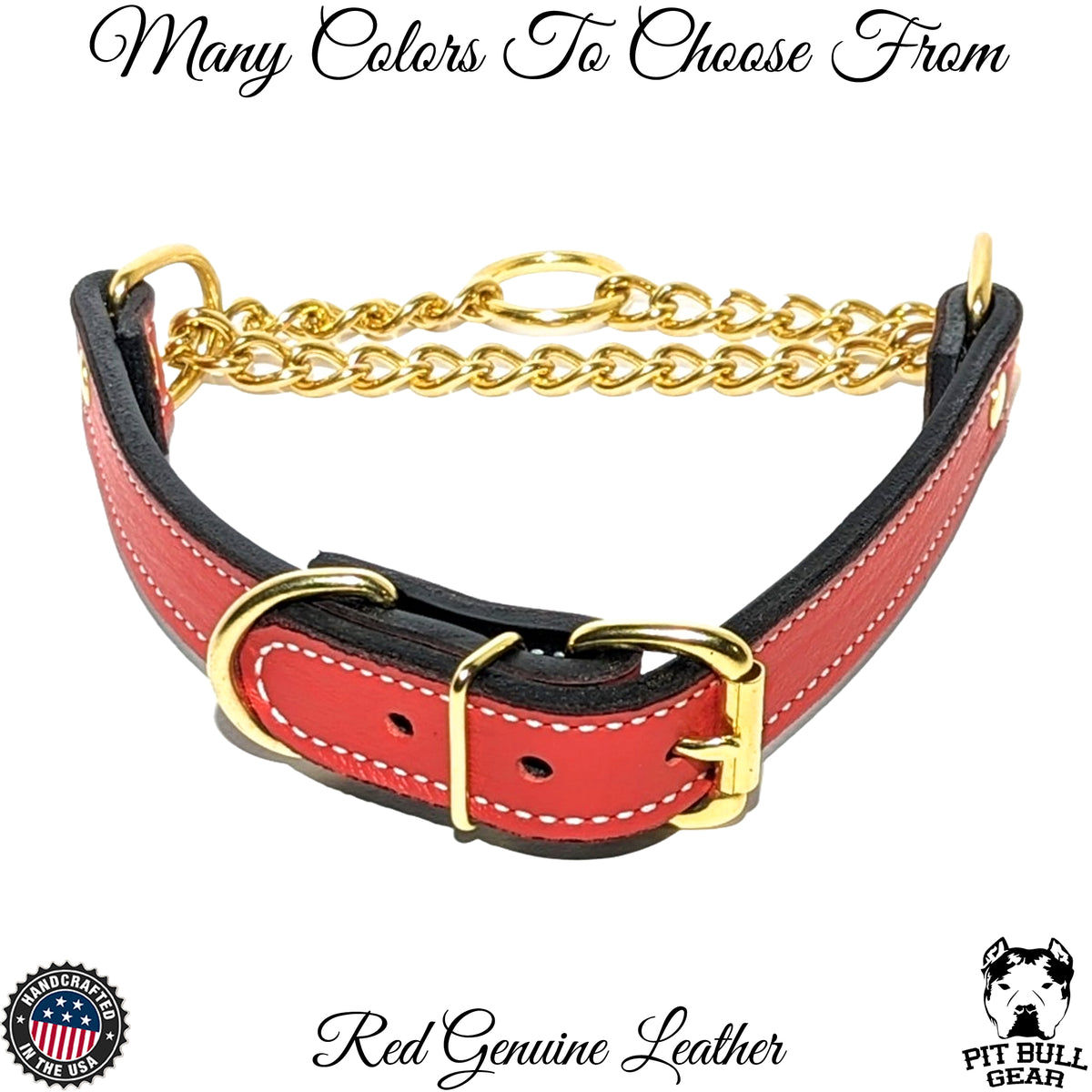 LMG1 - Collar Martingala de Cuero con Hebilla y Cadena Dorada de 1.5" de Ancho