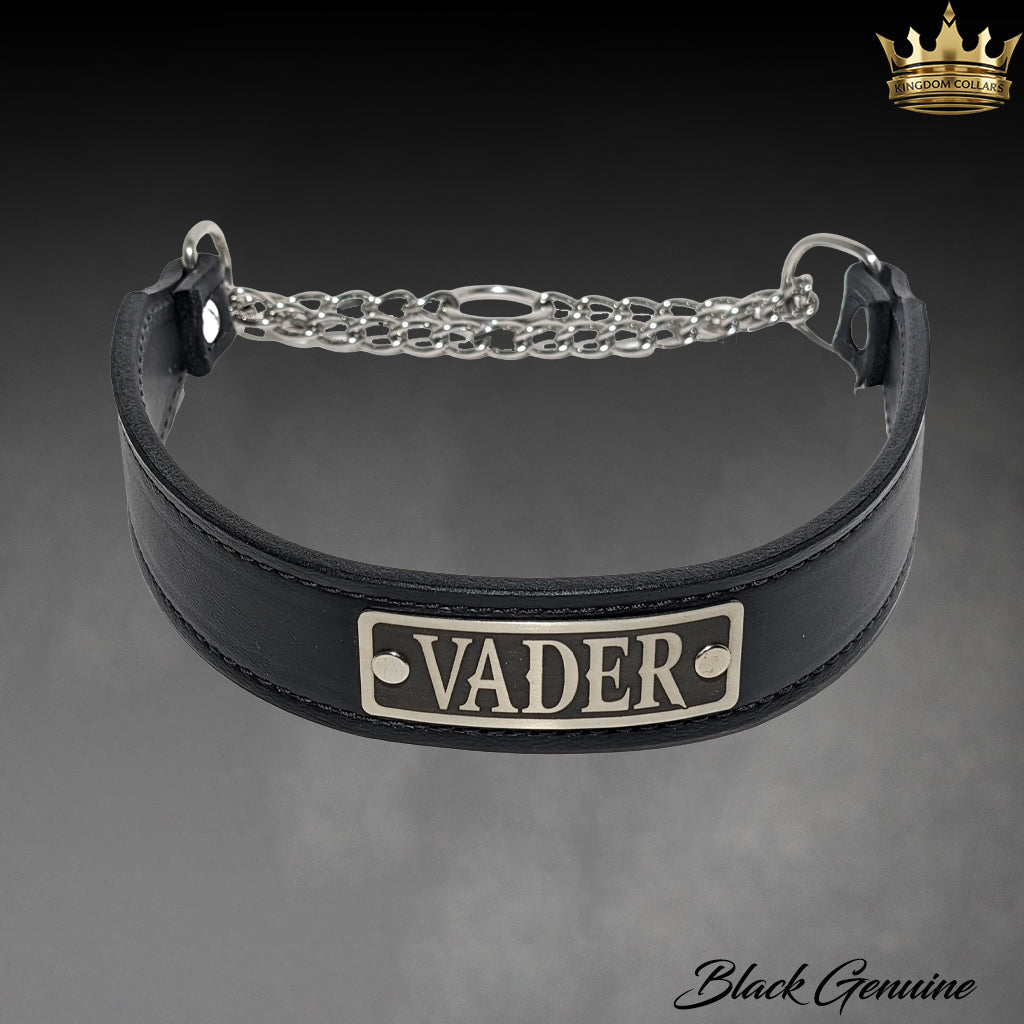 A black leather collar with a silver-tone metal chain and a rectangular silver plate engraved with 'VADER'. A small gold crown logo for 'Gold Collar' is visible in the top right corner.