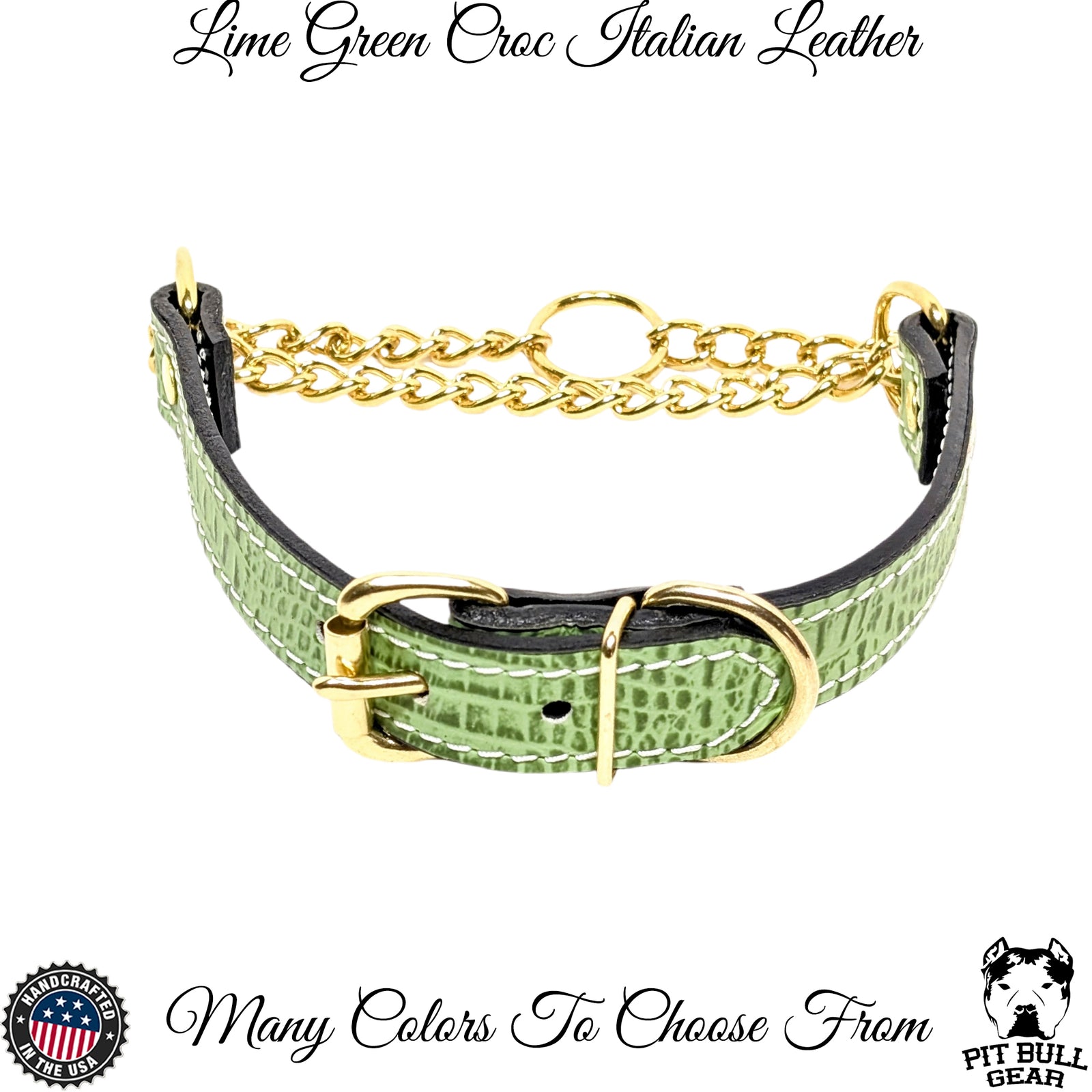 LMG1 - Collar Martingala de Cuero con Hebilla y Cadena Dorada de 1.5" de Ancho