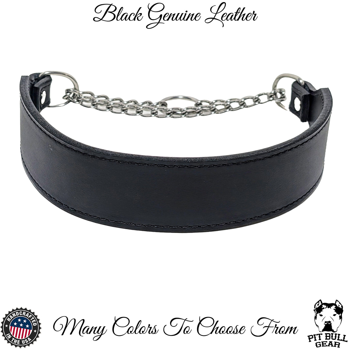 A black 1.5 inch wide leather martingale dog collar with a metal chain.