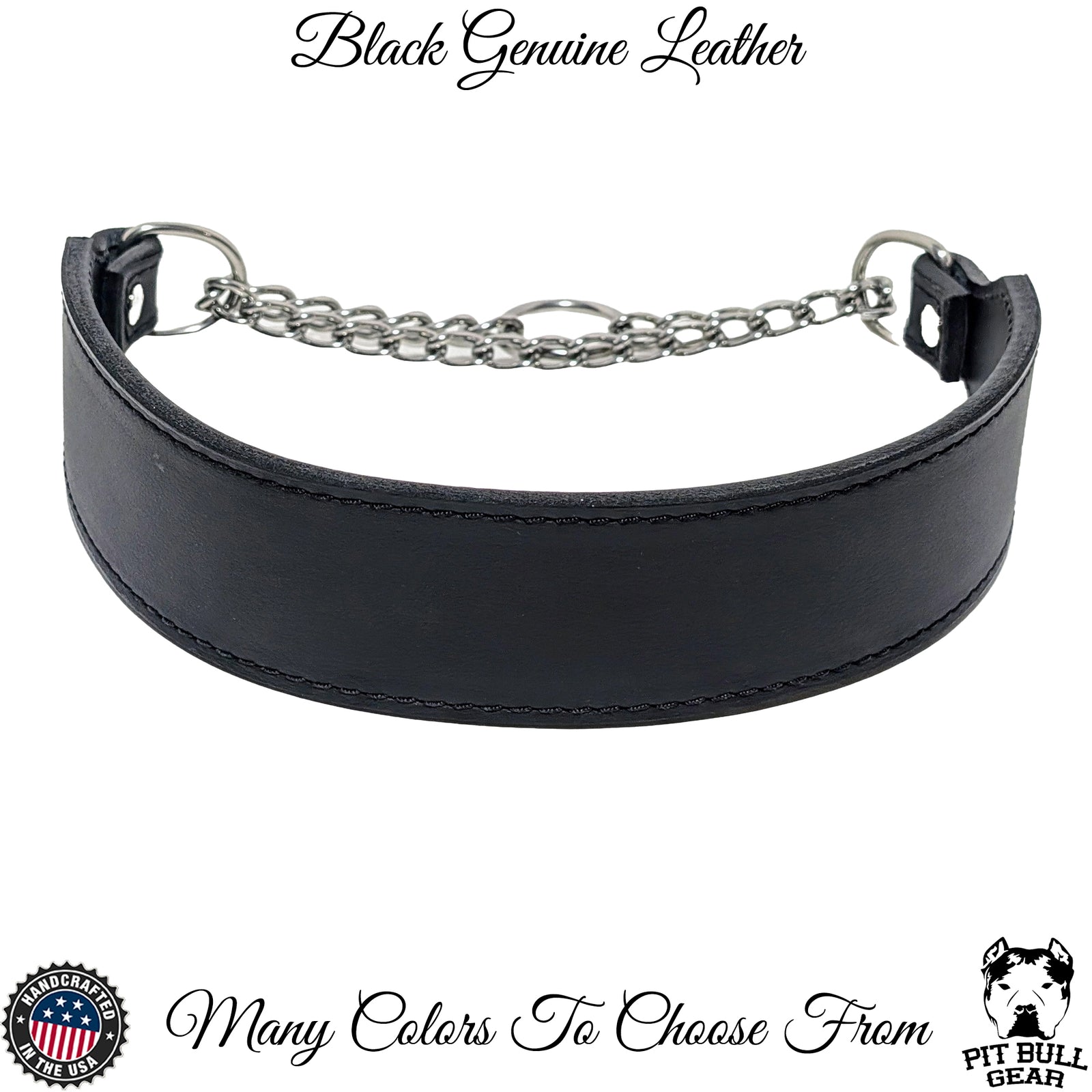 A black 1.5 inch wide leather martingale dog collar with a metal chain.