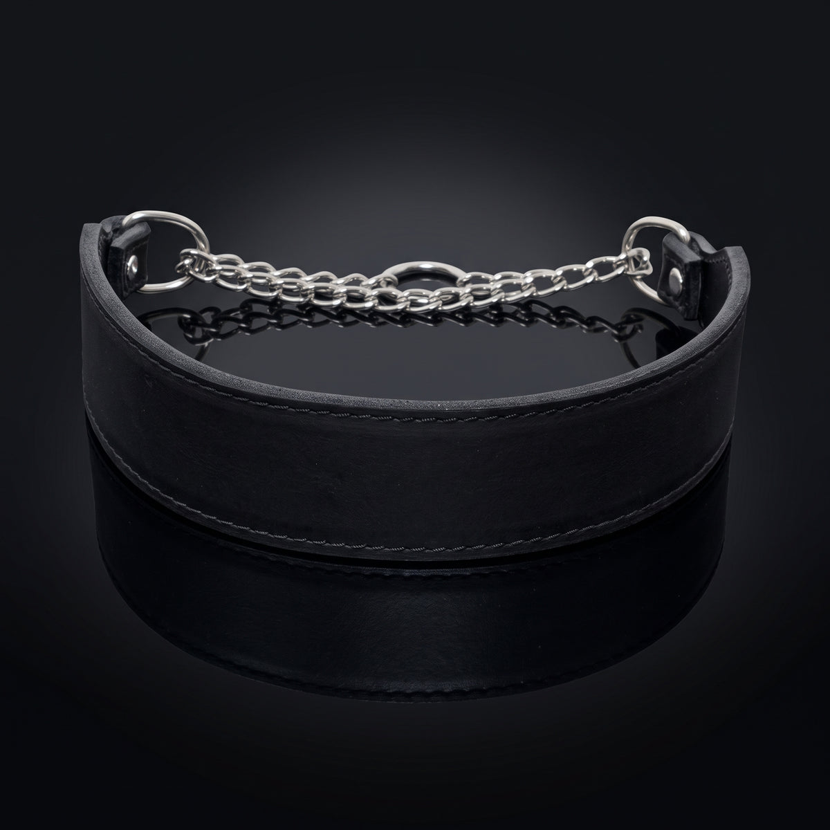 A black leather collar with a silver metal chain link extender and silver hardware, displayed on a reflective black surface against a dark background.