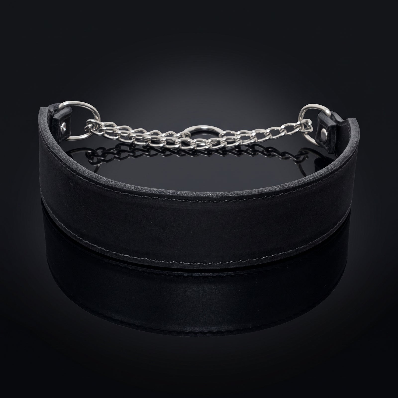 A black leather collar with a silver metal chain link extender and silver hardware, displayed on a reflective black surface against a dark background.
