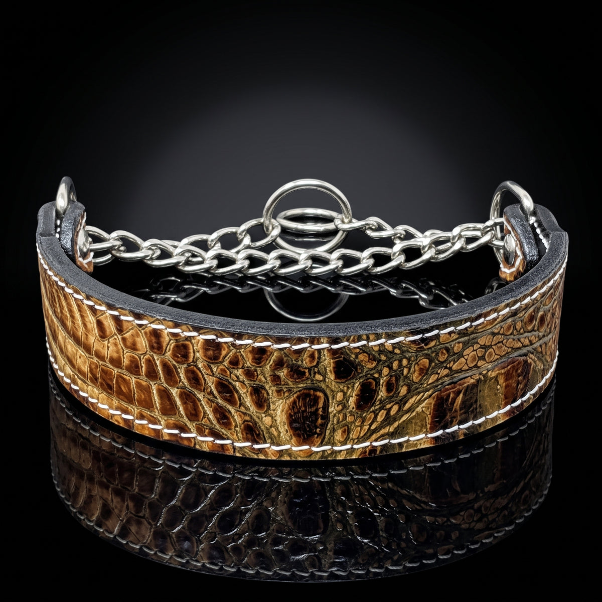 A wide collar featuring a textured brown and gold alligator-patterned leather strap with white stitching, a black inner lining, and a silver-tone metal chain extender with a ring clasp, displayed on a reflective black surface.