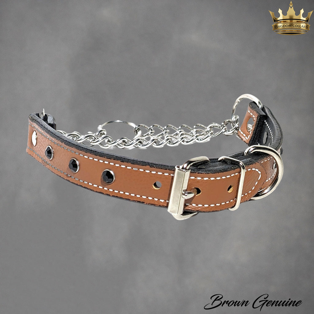 1" Wide Gem Crystal Leather Martingale Collar with Buckle | Handcrafted