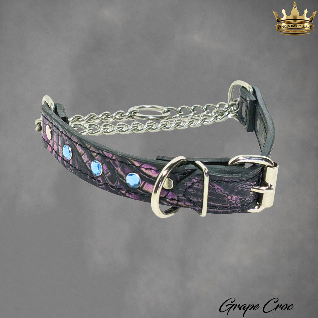 1" Wide Gem Crystal Leather Martingale Collar with Buckle | Handcrafted