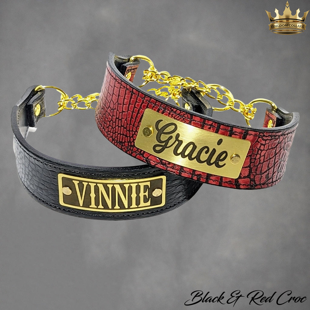 LM7G – 2" Wide Personalized Italian Leather Martingale Collar | Polished Brass Chain