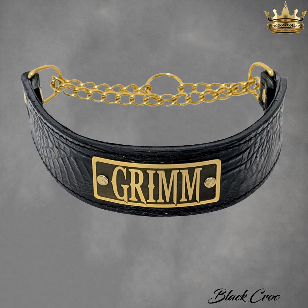 LM7G – 2" Wide Personalized Italian Leather Martingale Collar | Polished Brass Chain
