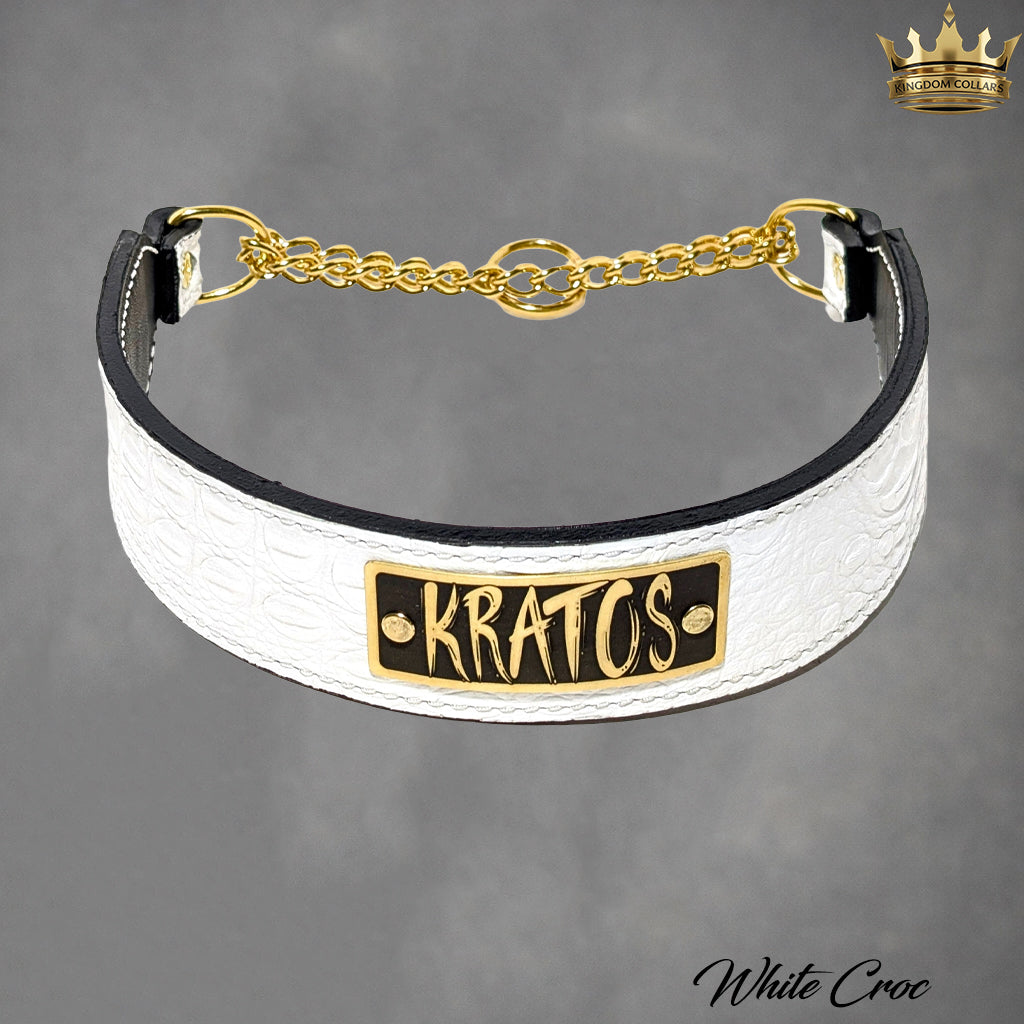 LM7G – 2" Wide Personalized Italian Leather Martingale Collar | Polished Brass Chain