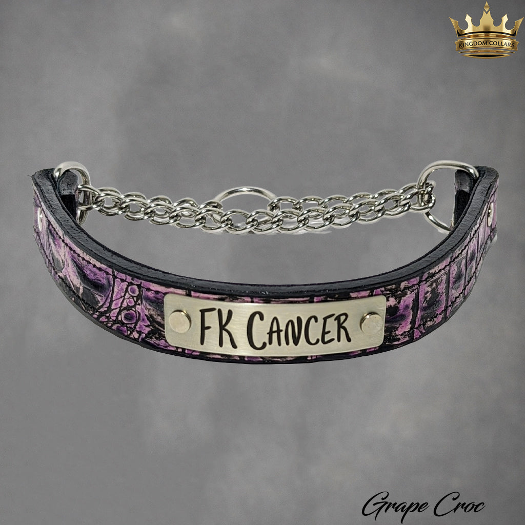 A personalized leather collar with a purple and black camouflage pattern, featuring a silver metal chain and a central silver plate engraved with 'FK CANCER'.