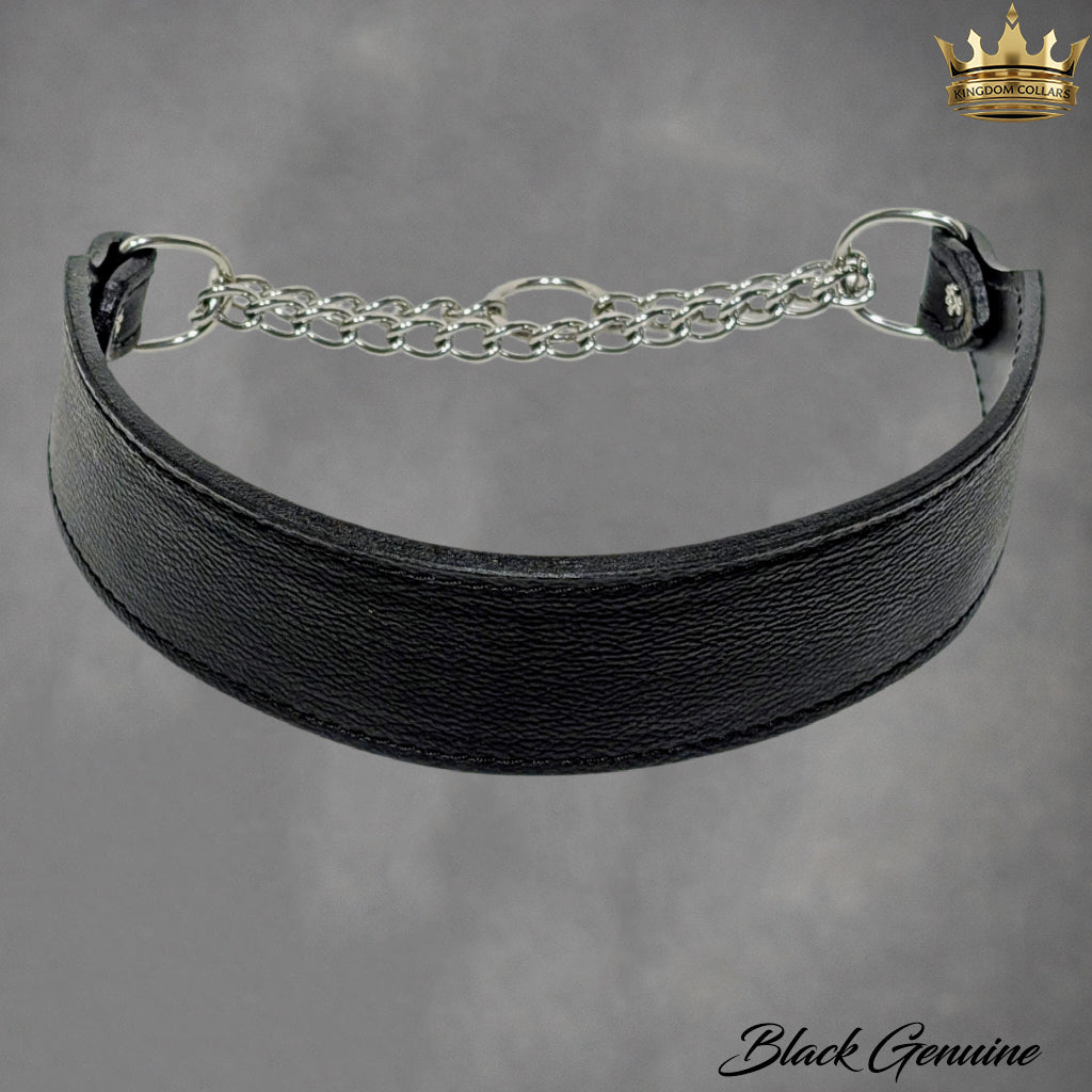 Black leather collar with chain on a gray background