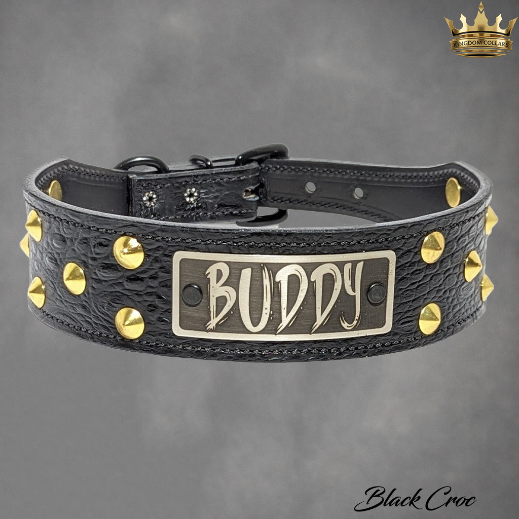 N5 - 2" Wide Tapered Personalized Leather Dog Collar with Studs