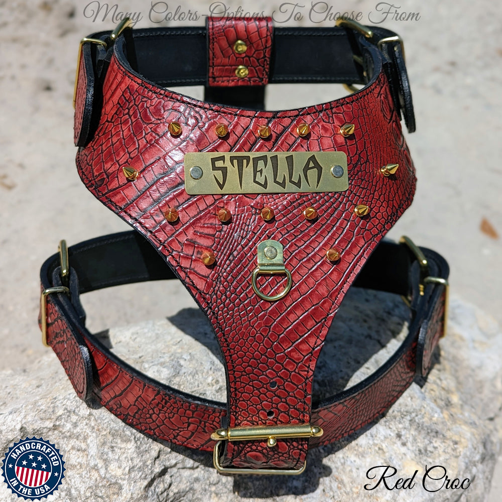 YN62 - Spiked Leather Dog Harness Personalized Name Plate