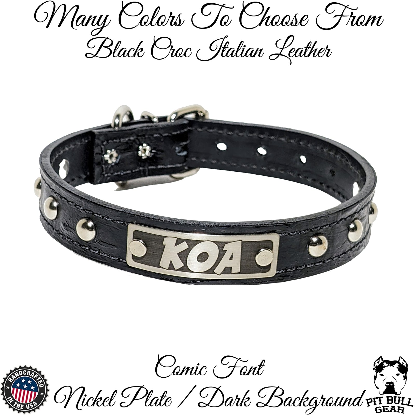 NU2 - Colar de couro cravejado com placa de identificação de 1"