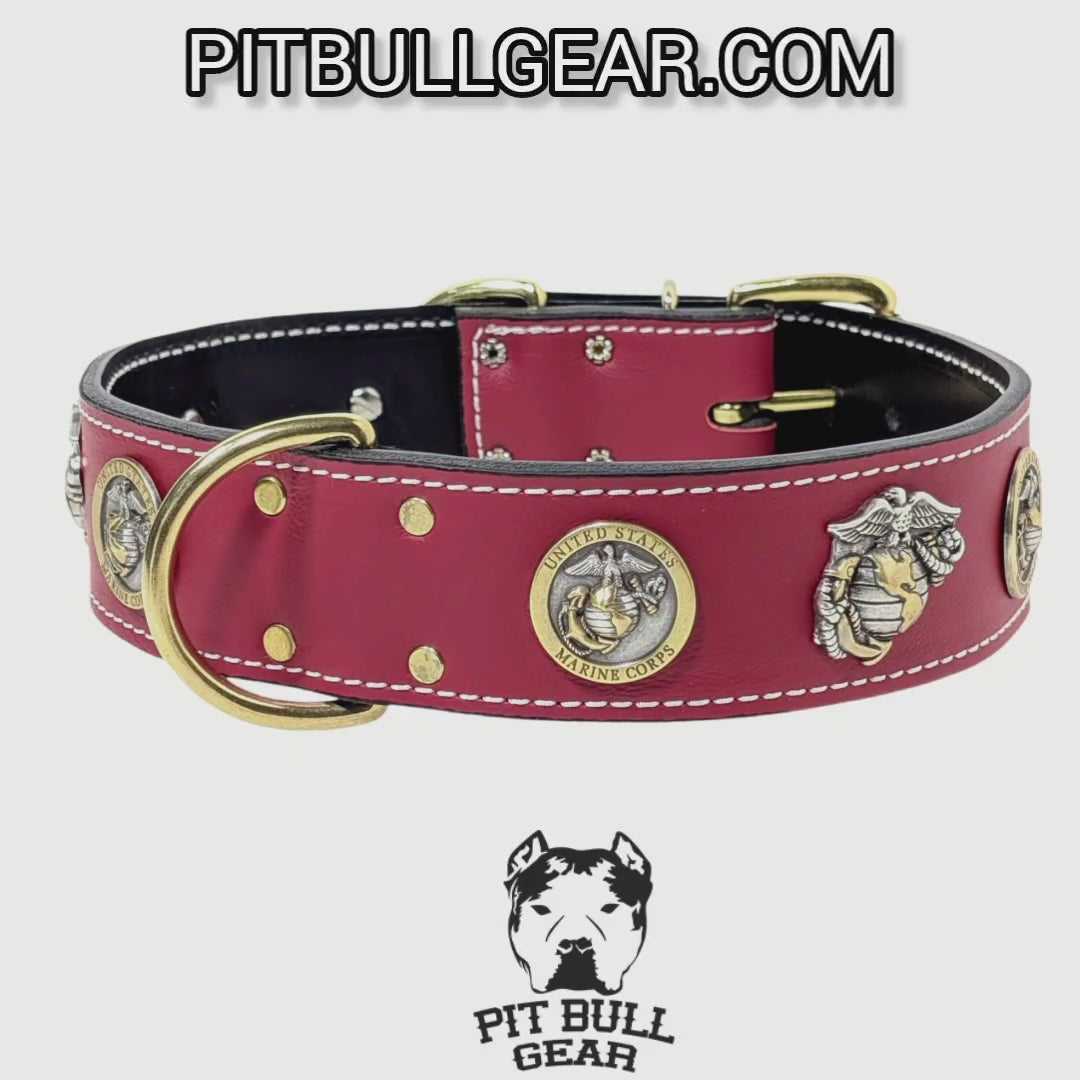 W76 - Collar de cuero para perro de 2" con temática del Cuerpo de Marines