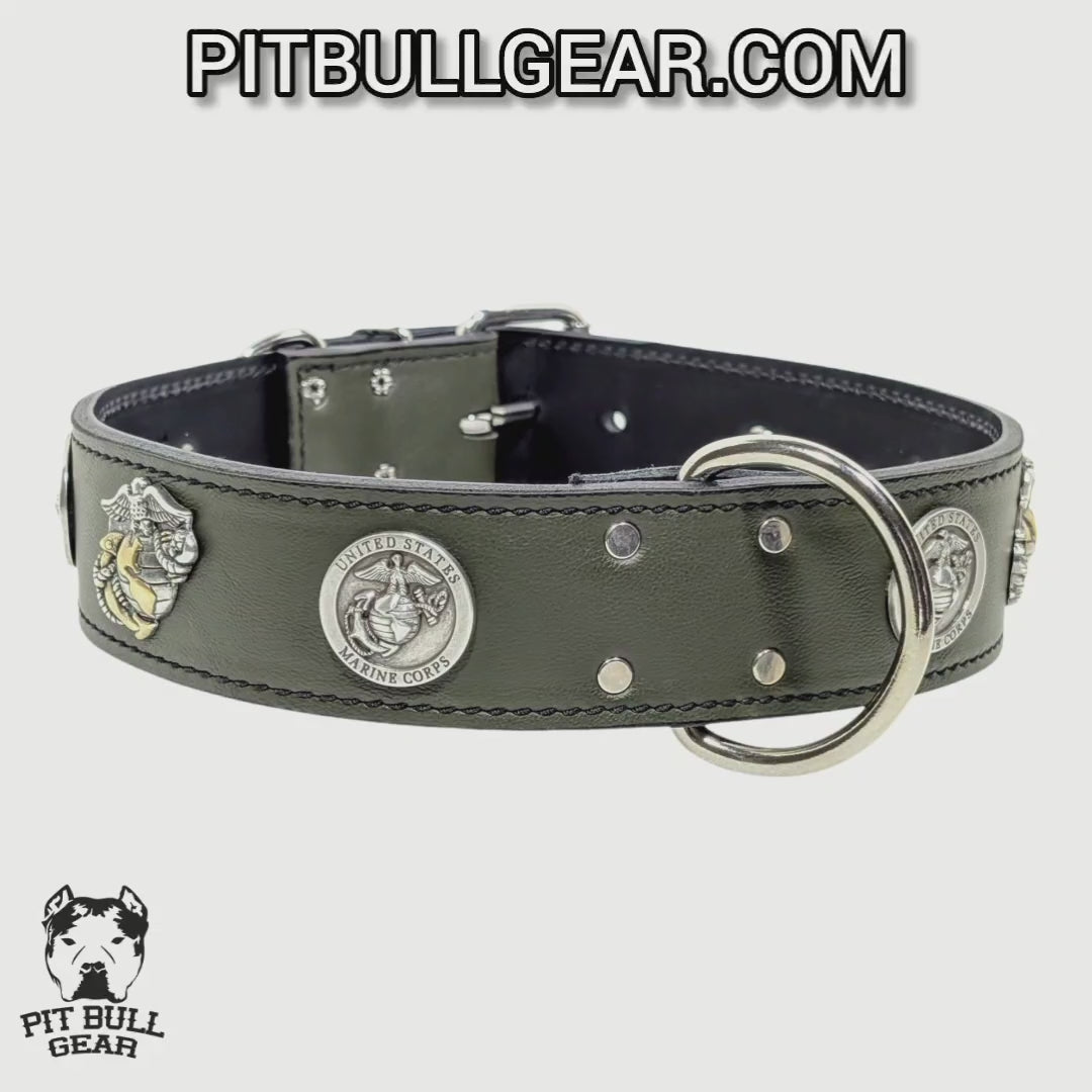 W76 - Collar de cuero para perro de 2" con temática del Cuerpo de Marines
