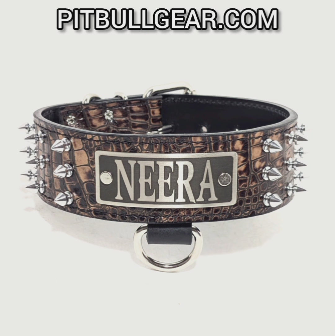 W52 - Collar para perro de cuero con pinchos de 2" de ancho con placa de identificación personalizada