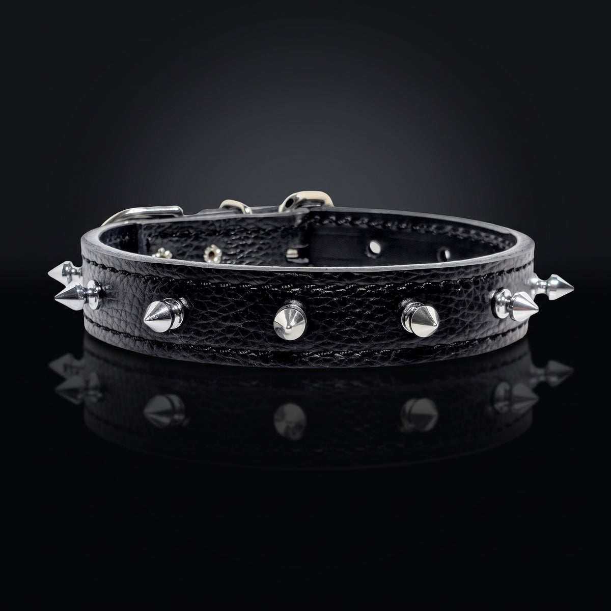 A black textured leather dog collar with silver-tone metal spikes, displayed on a reflective black surface against a dark background.