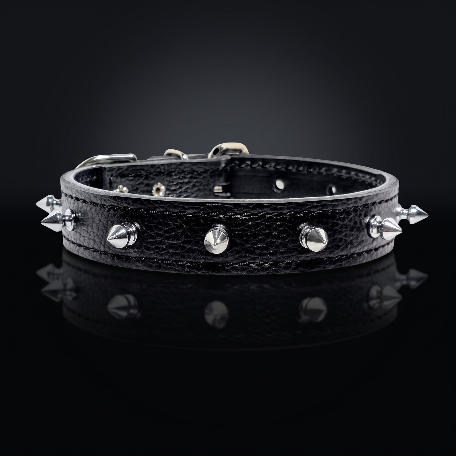 A black textured leather dog collar with silver-tone metal spikes, displayed on a reflective black surface against a dark background.