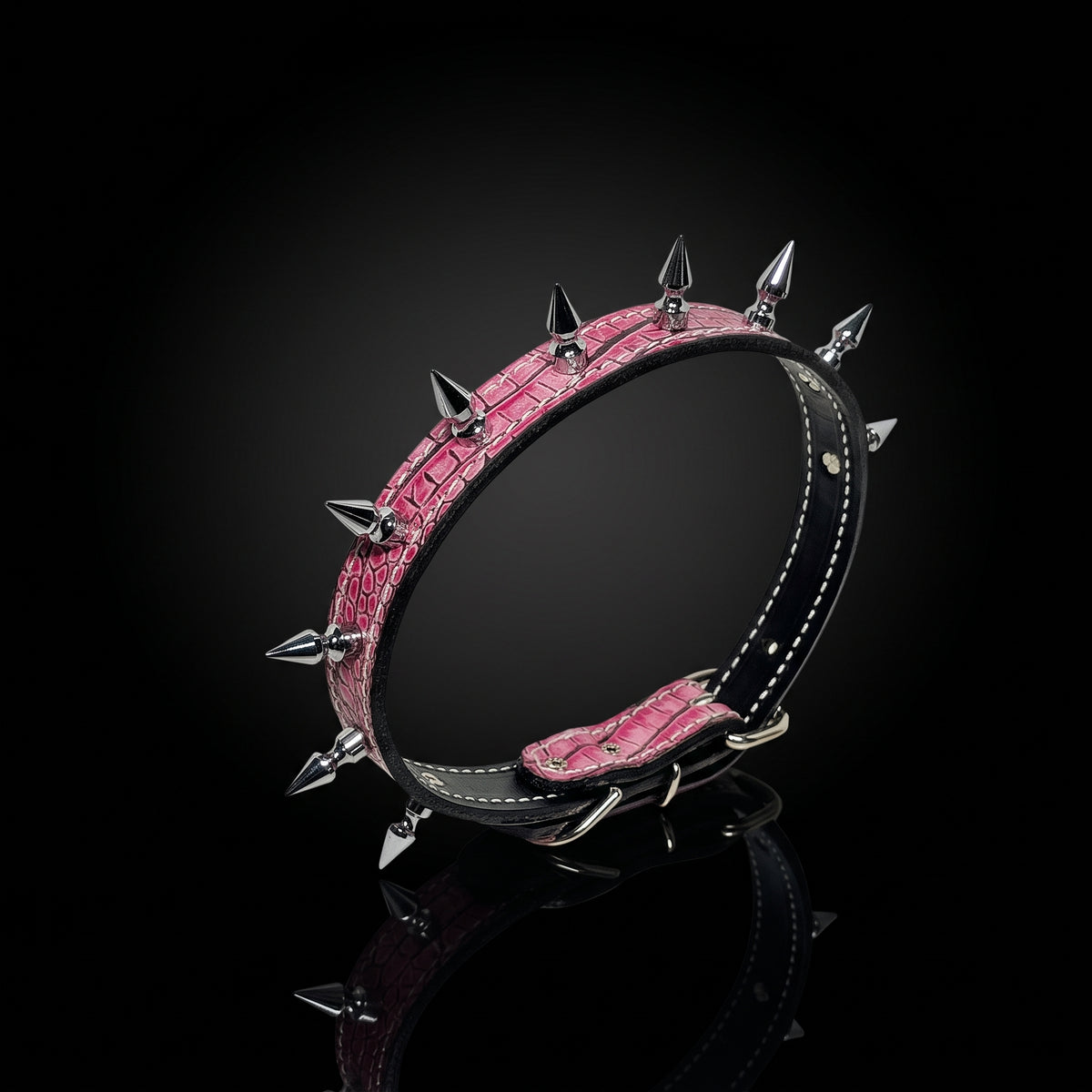 1-inch Italian leather spiked dog collar with 1-inch tree spikes and roller buckle by Kingdom Collars