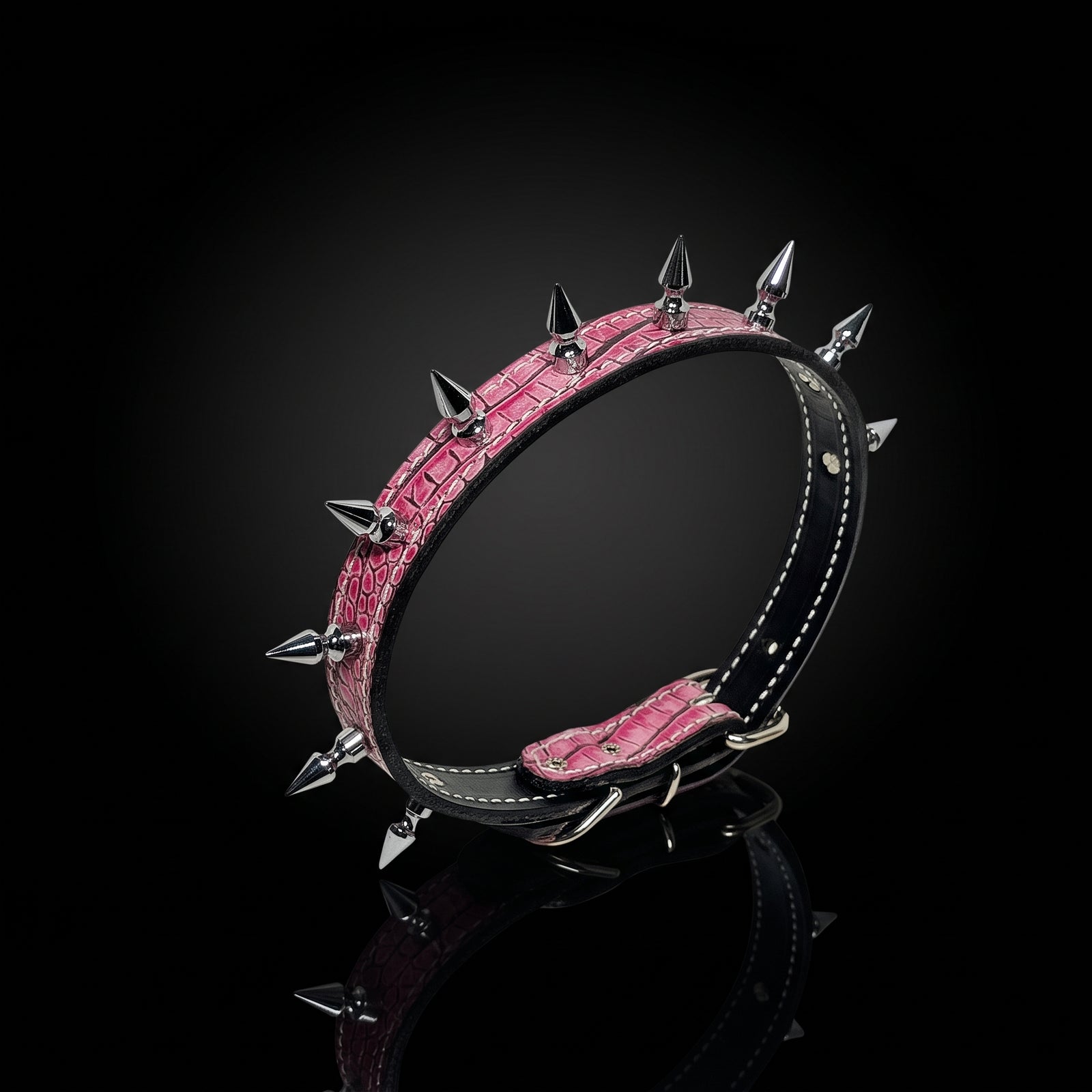 1-inch Italian leather spiked dog collar with 1-inch tree spikes and roller buckle by Kingdom Collars