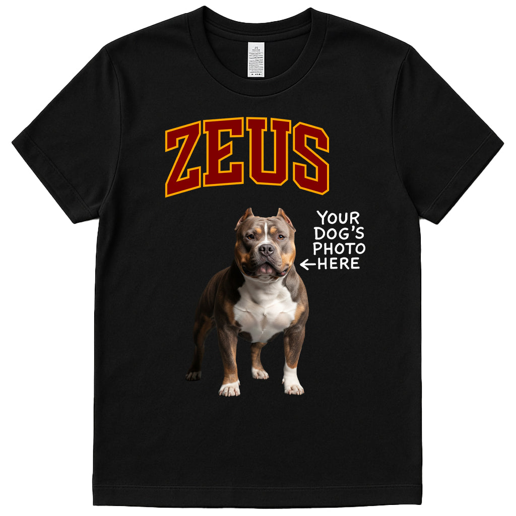 Black t-shirt with 'ZEUS' printed on it, featuring a dog graphic and space for a photo.