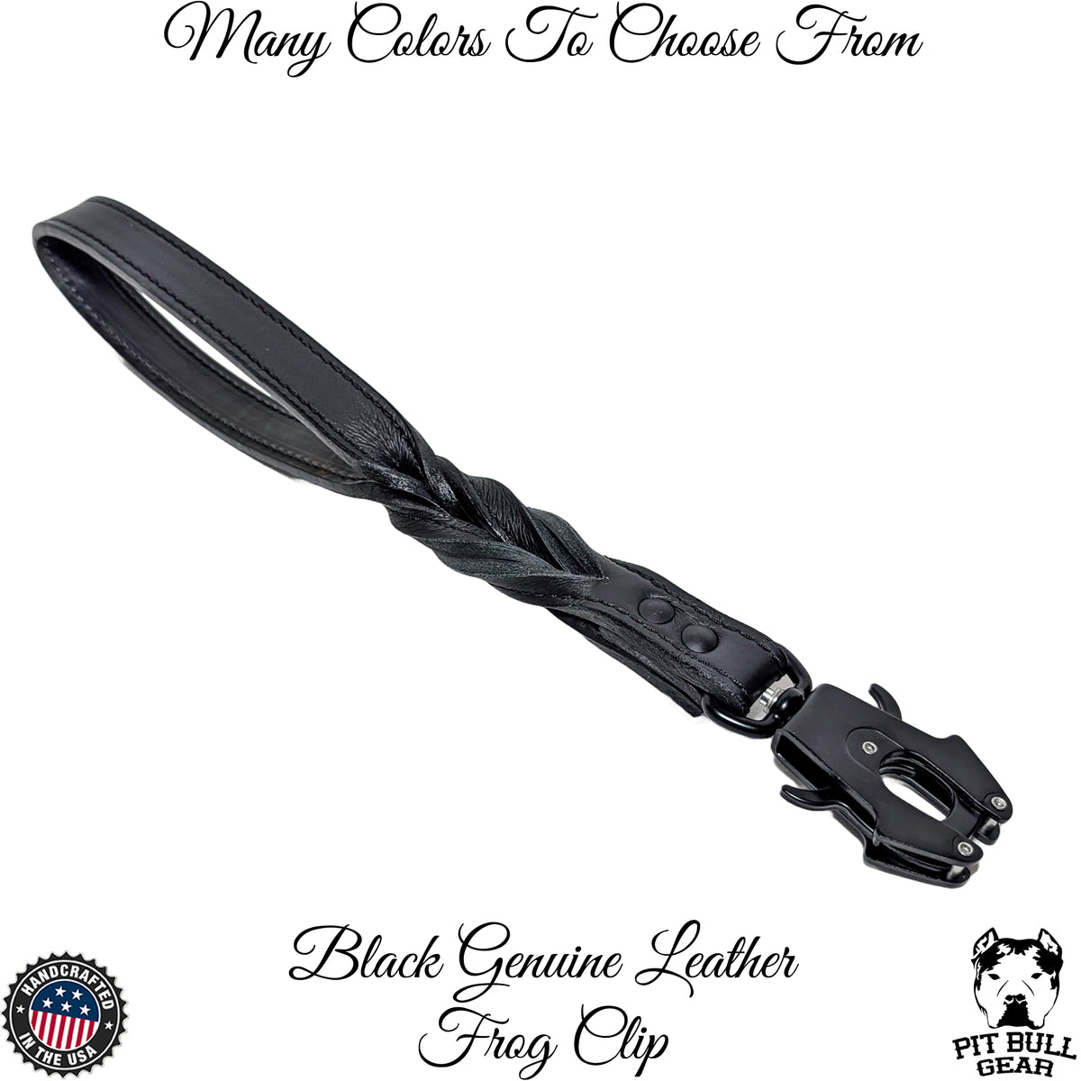A black leather traffic leash with a twisted handle and a swivel snap for dogs.