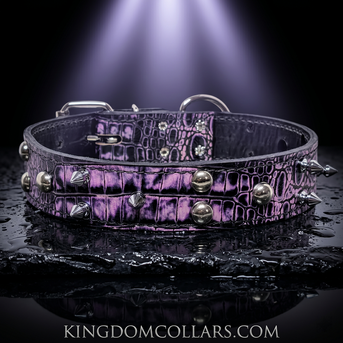 V33 - 1.5" Wide Italian Leather Dog Collar | Tree Spikes &amp; Dome Studs