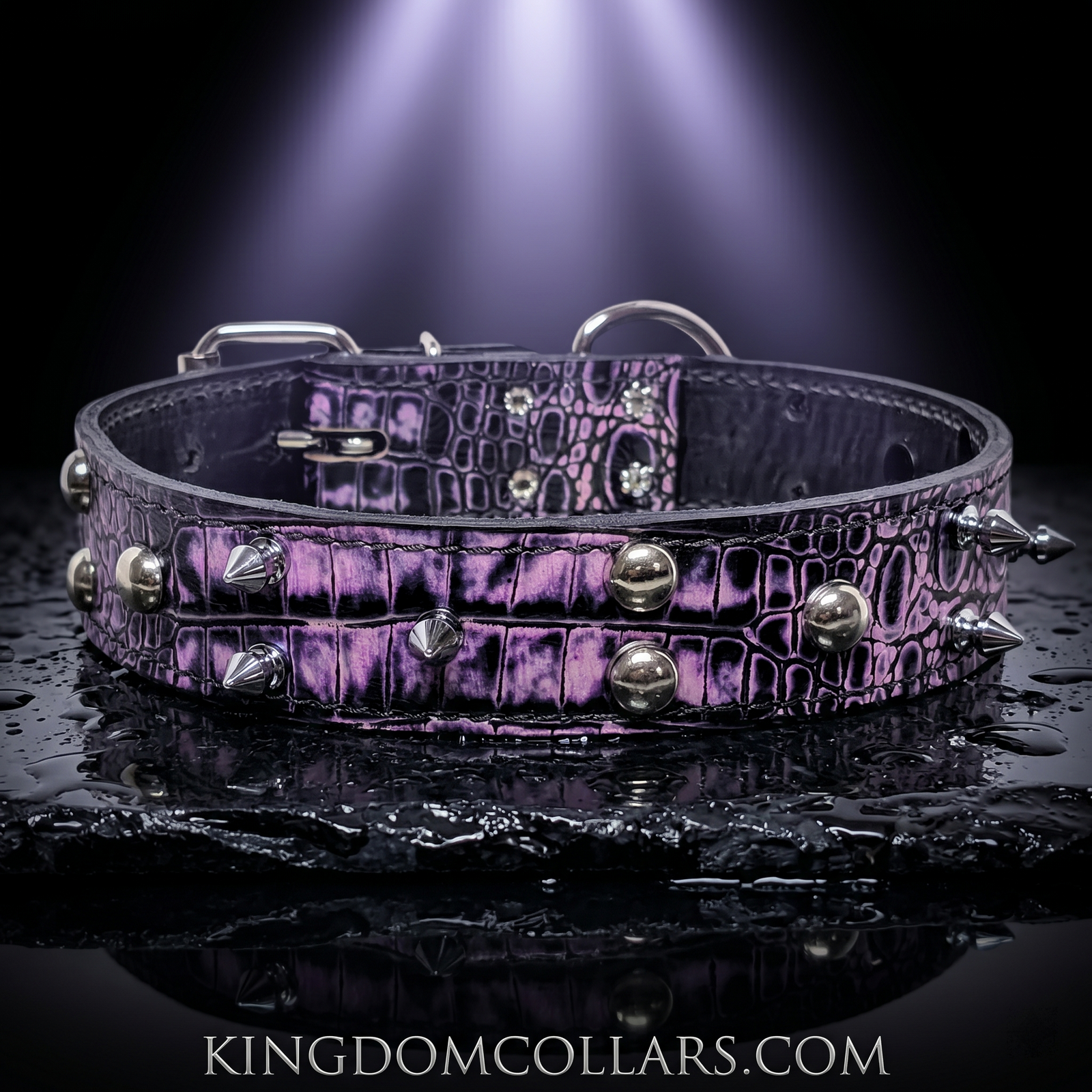 V33 - 1.5" Wide Italian Leather Dog Collar | Tree Spikes & Dome Studs