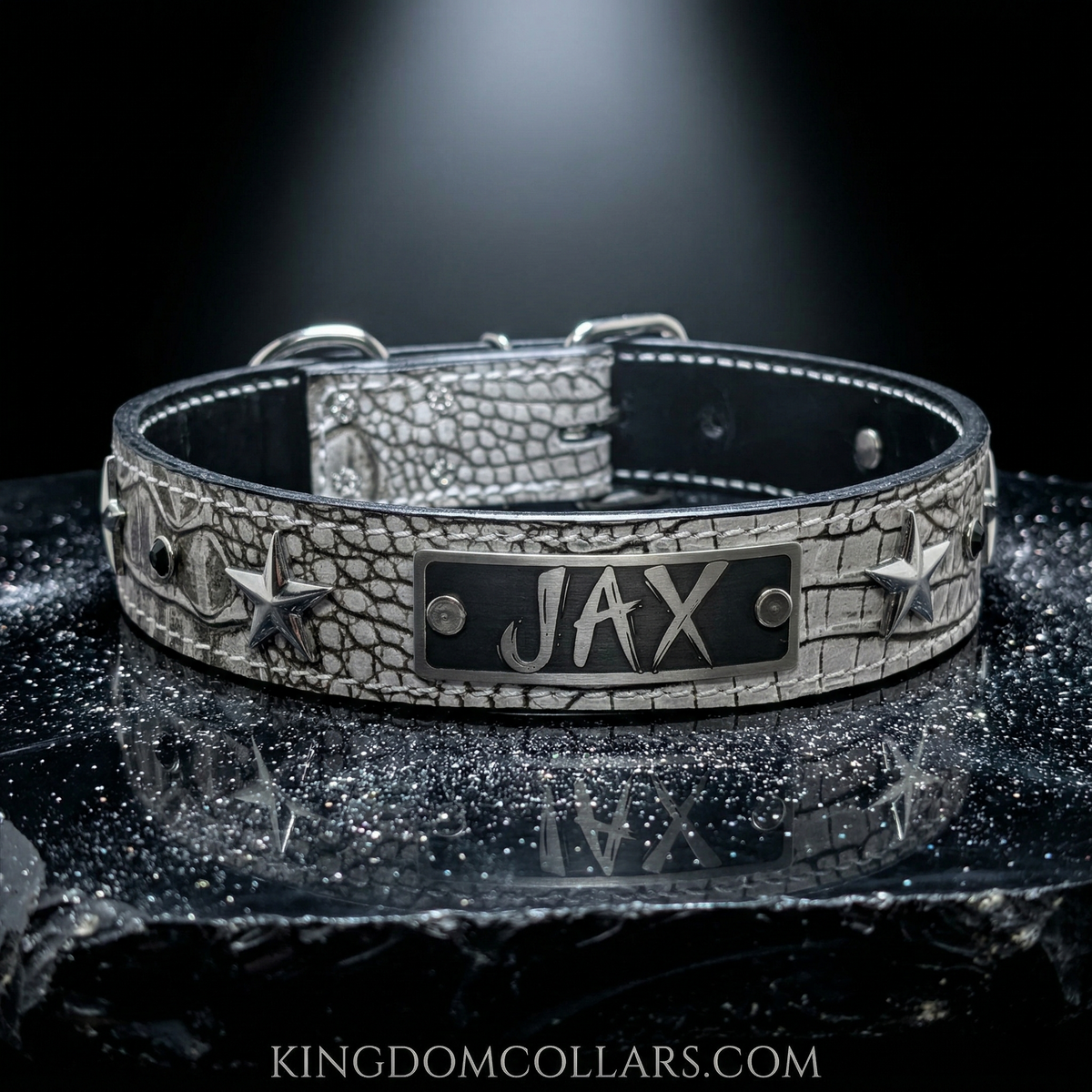 V42 - 1 1/2" coleira personalizada de couro estrela com pedras preciosas