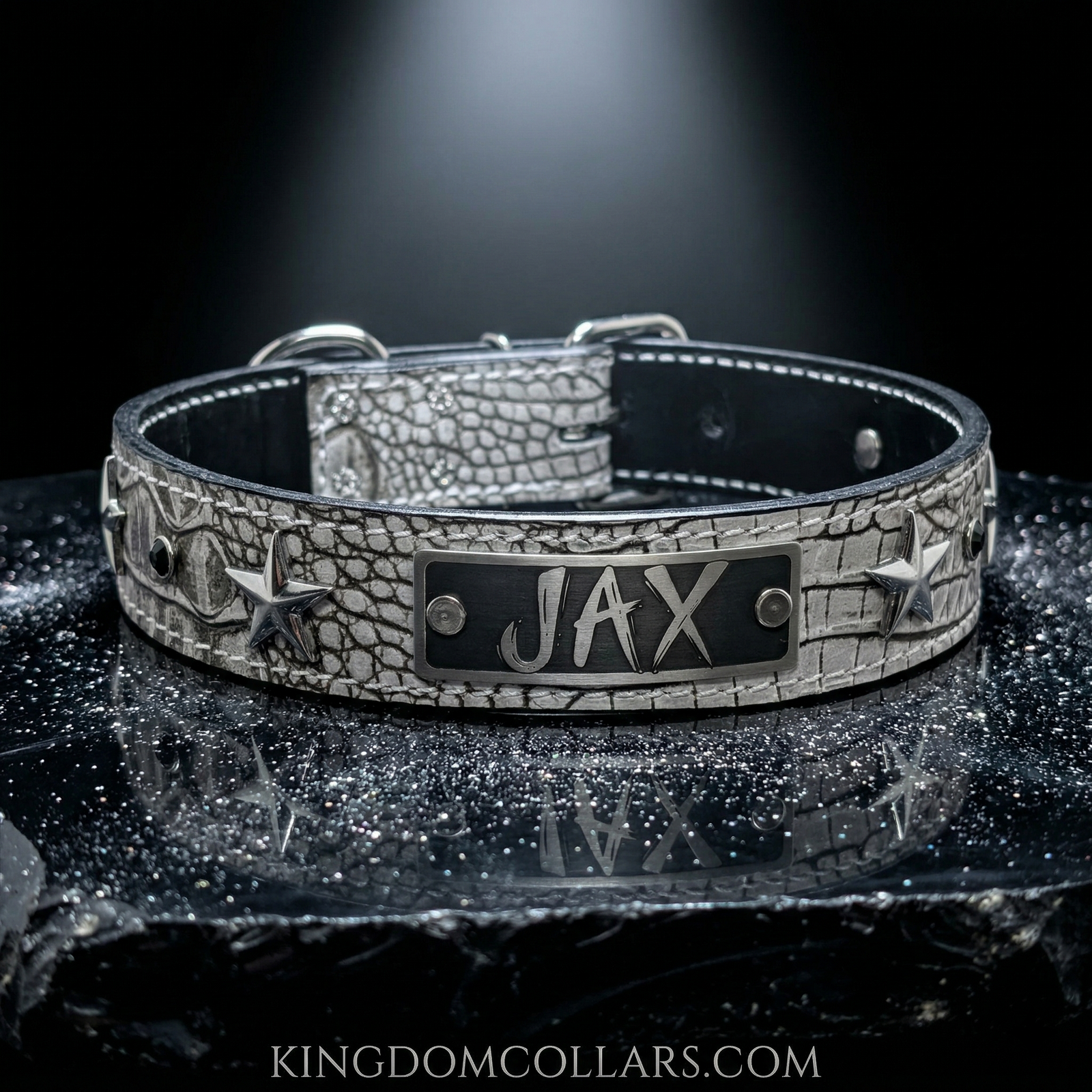 V42 - 1 1/2" coleira personalizada de couro estrela com pedras preciosas