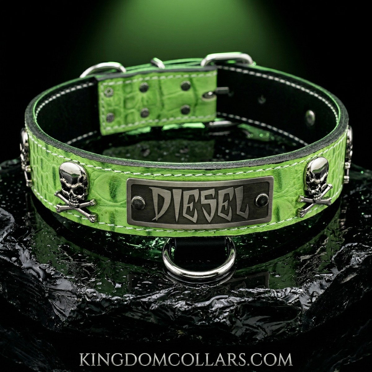 Green leather dog collar with skull designs and 'DIESEL' branding on a dark background.