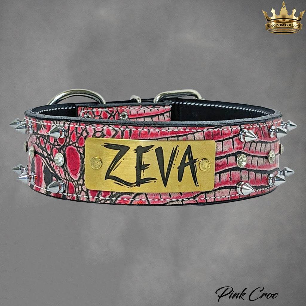 W11 – 2" Wide Personalized Italian Leather Spiked & Gem Dog Collar | Engraved Name Plate