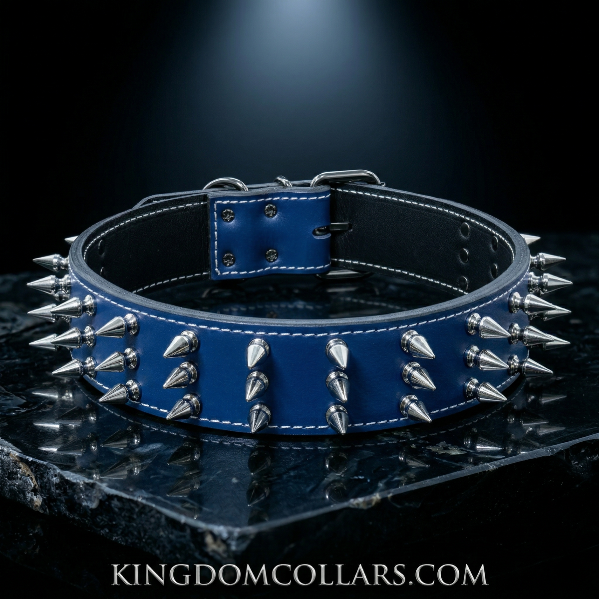 Blue leather dog collar with spikes on a dark background